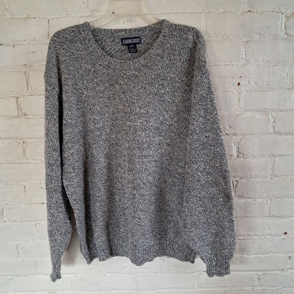 Lands End Mens Large Wool Blend Grey Sweater Vintage Crewneck Multicolor Flecks